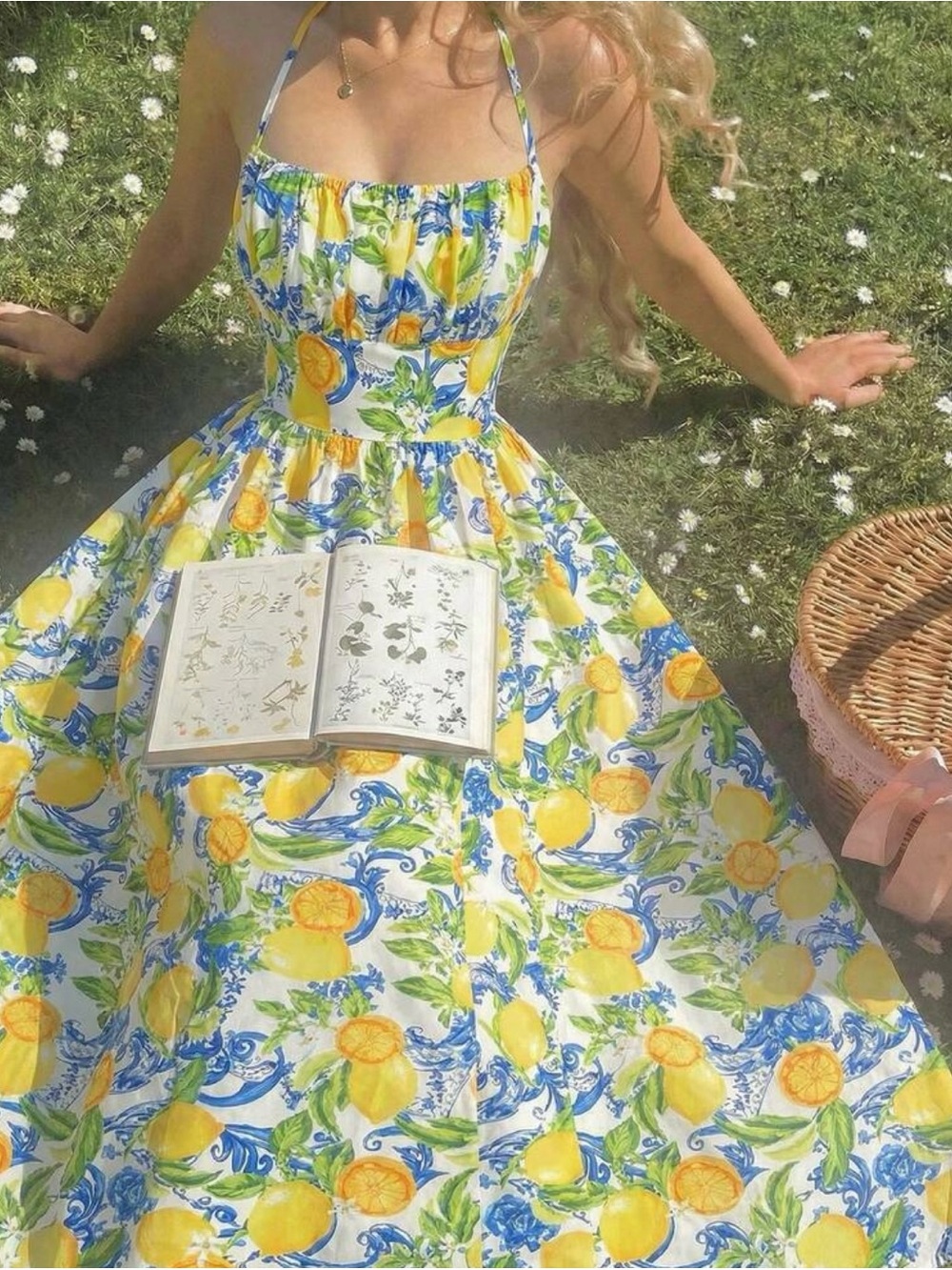 Bow-Tie Strap Lemon Print Floral Dress - Picture 5 of 6